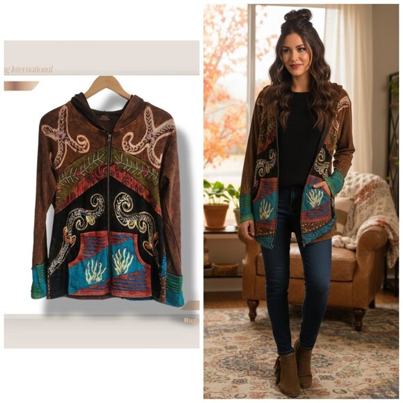 🌿Rising International Women's XL Artistic Patchwork Hooded Jacket - Picture 1 of 14